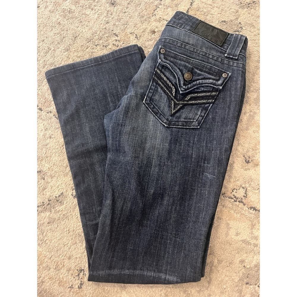 Vigoss Fit Bootcut Dark Wash Denim Low Rise Pocket Embellish Flap Button Pocket